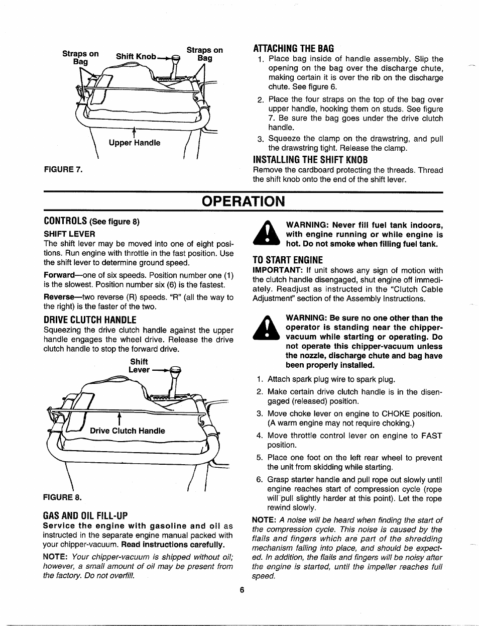 Attaching the bag, Installing the shift knob, Shift lever | Drive clutch handle, Gas and oil fill-up, To start engine, Operation | MTD 315B User Manual | Page 6 / 12