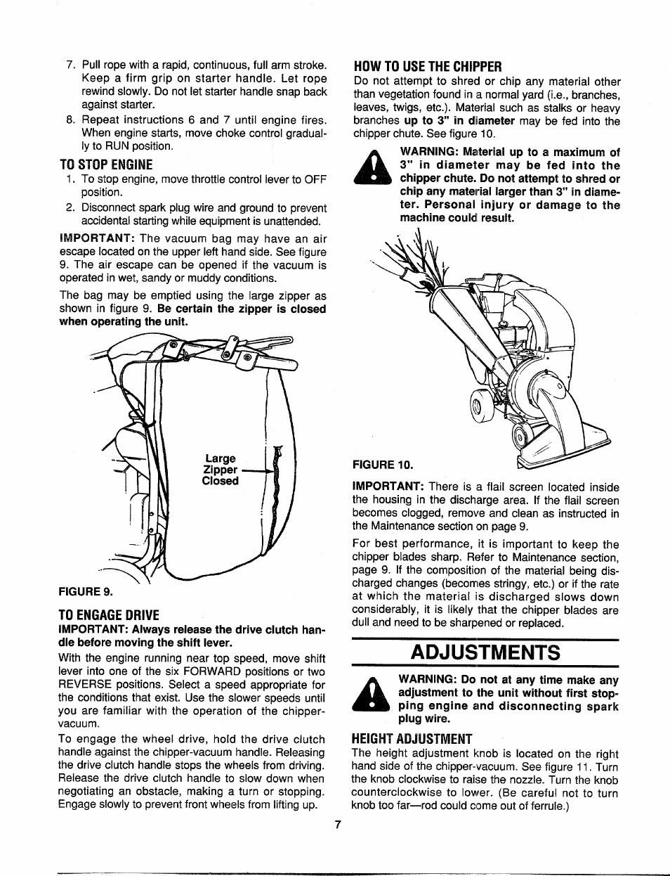 To stop engine, To engage drive, How to use the chipper | Height adjustment, Adjustments | MTD 315B User Manual | Page 7 / 12