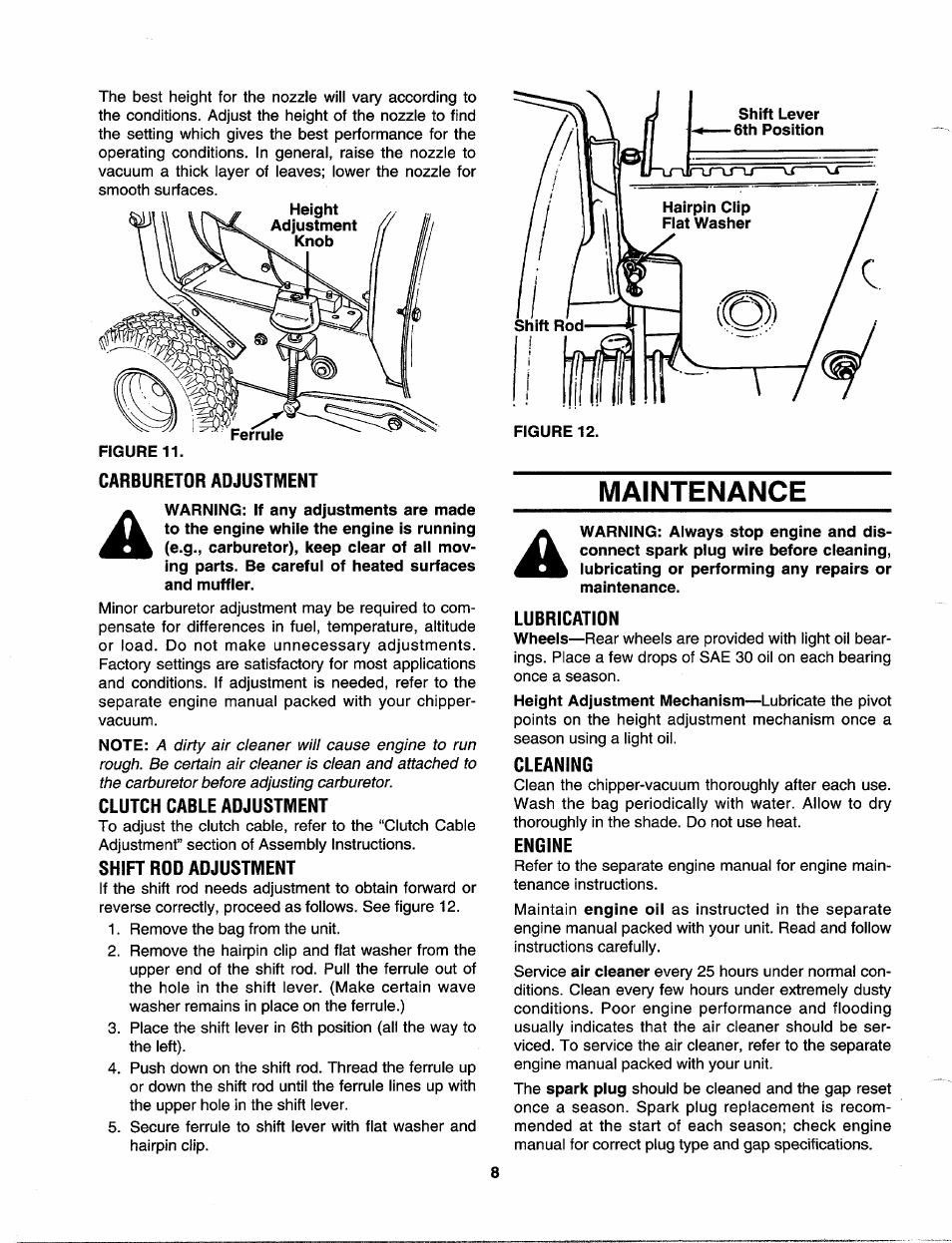 Carburetor adjustment, Clutch cable adjustment, Shift rdd adjustment | Lubricatidn, Cleaning, Engine, Maintenance | MTD 315B User Manual | Page 8 / 12