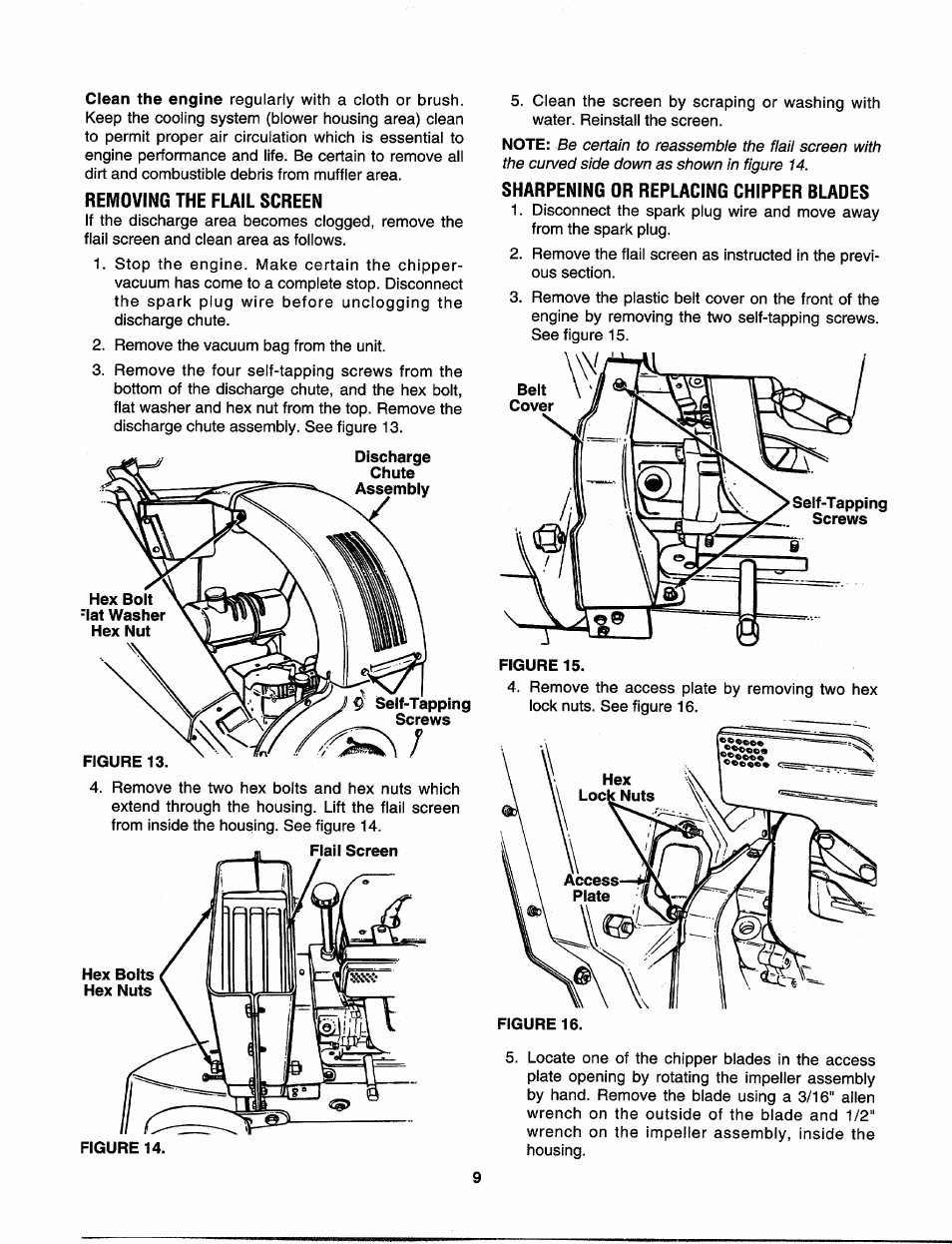 Removing the flail screen, Sharpening or replacing chipper blades, 11 j 1 | MTD 315B User Manual | Page 9 / 12