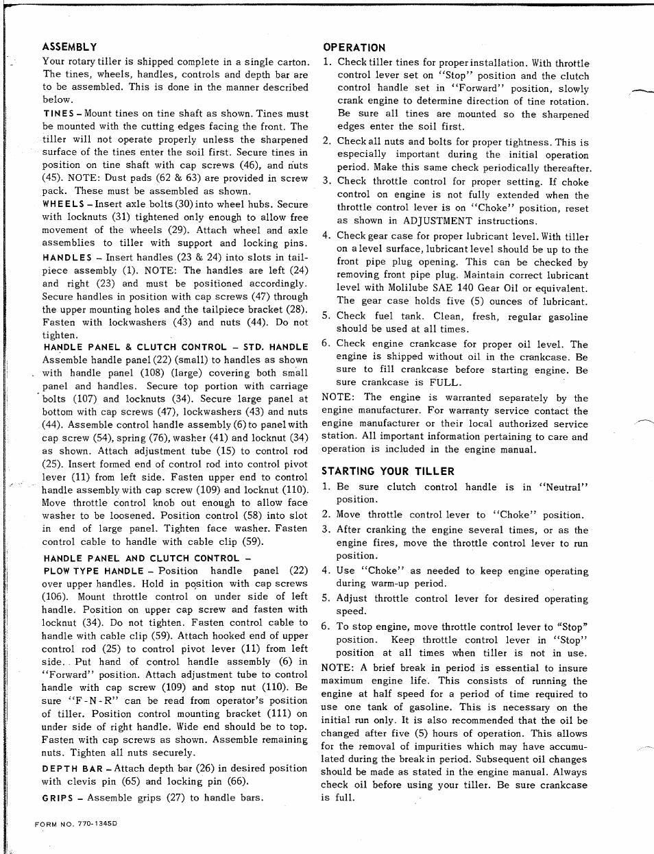 Assembly, Operation, Starting your tiller | MTD 218-360 User Manual | Page 4 / 8