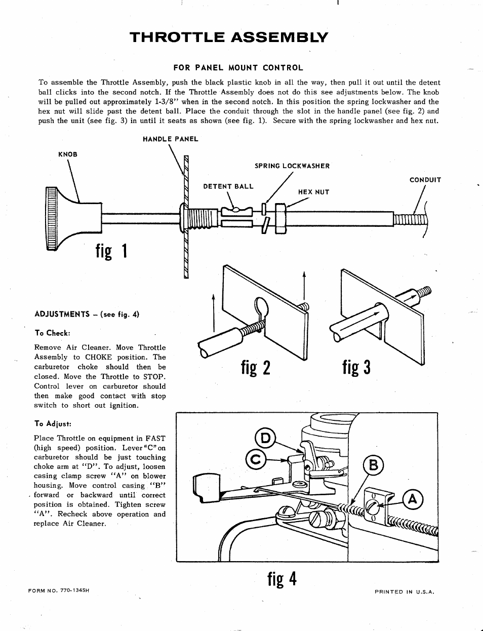 Throttle assembly, For panel mount control, To check | To adjust | MTD 218-360 User Manual | Page 8 / 8