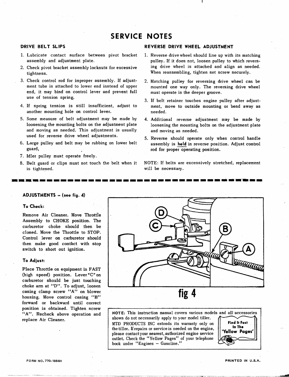 Service notes, Drive belt slips, Reverse drive wheel adjustment | Adjustments - (see fig. 4), To check, To adjust | MTD 219-360 User Manual | Page 6 / 8