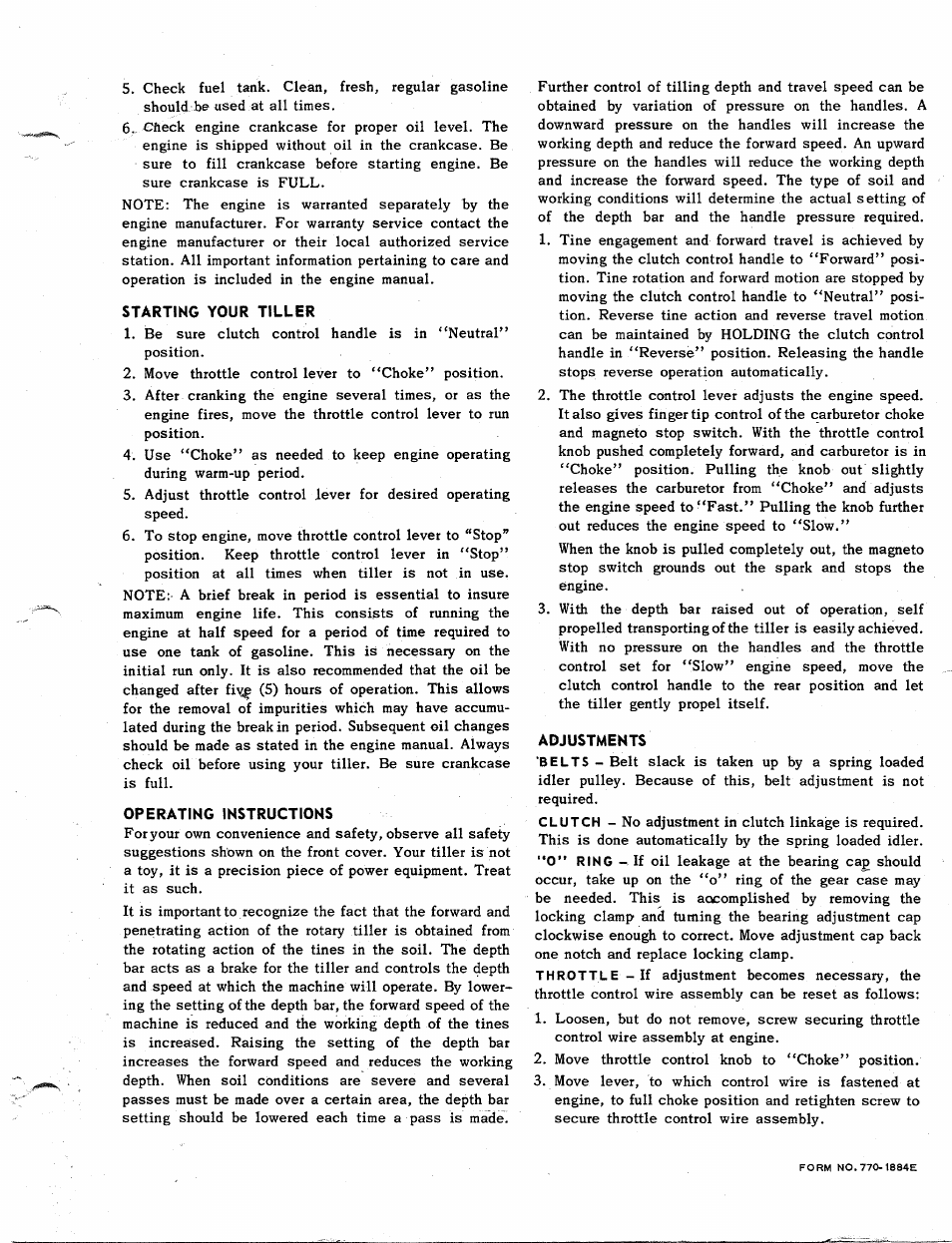 Starting your tiller, Operating instructions, Adjustments | MTD 219-360 User Manual | Page 7 / 8