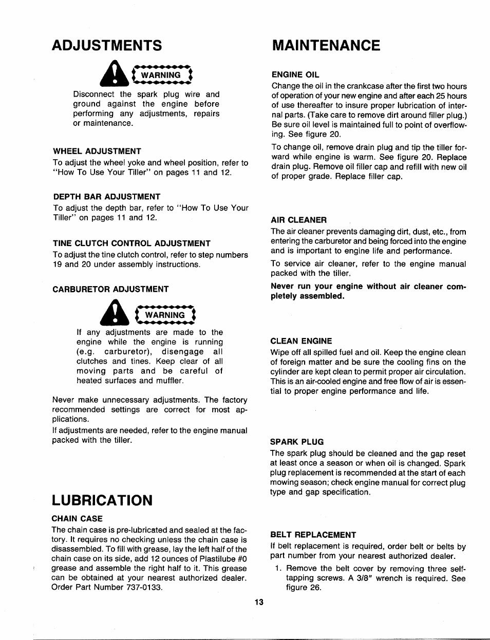 Adjustments, Maintenance, Lubrication | Lubrication maintenance | MTD 216-310-000 User Manual | Page 13 / 21