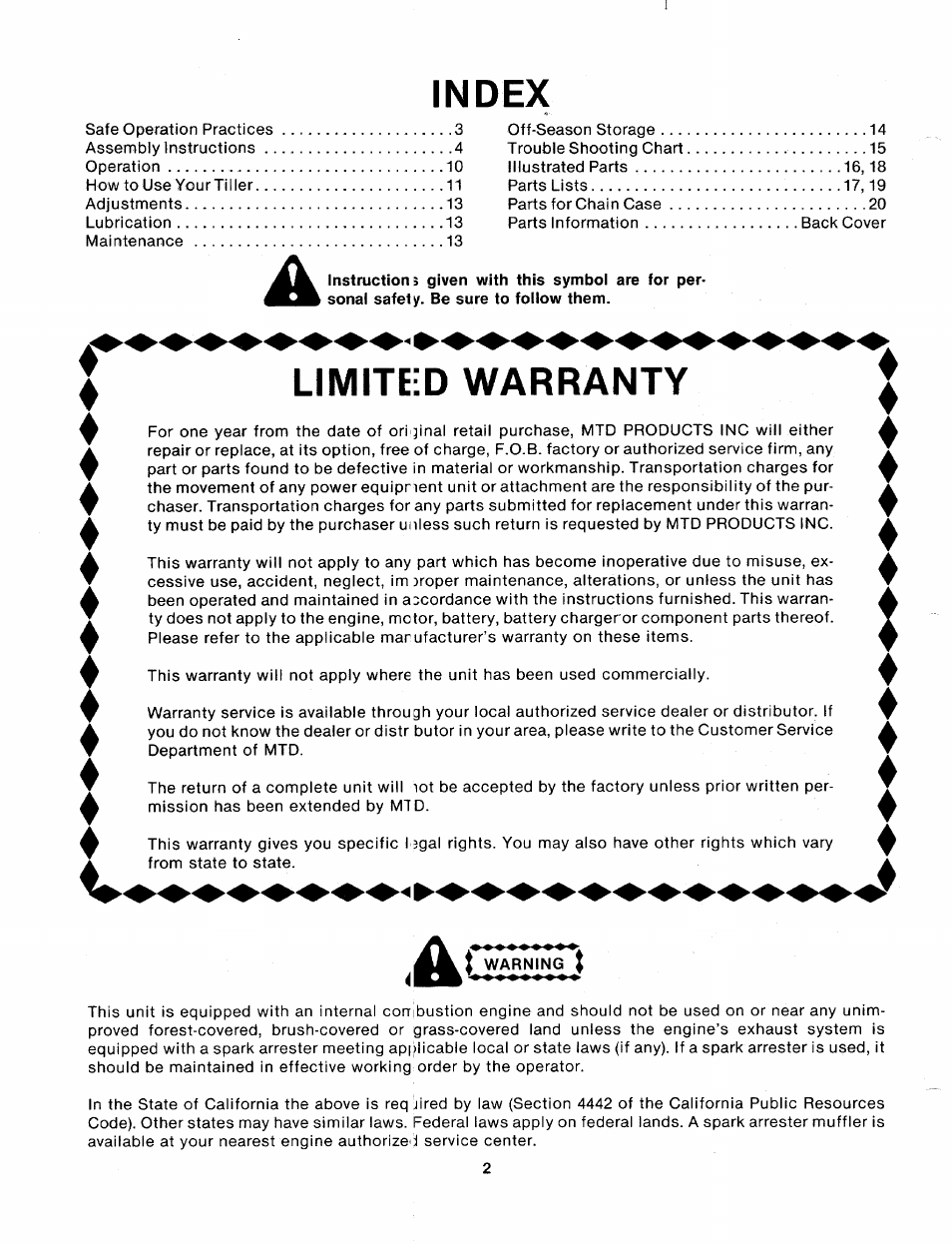 Index, Limiteid warranty | MTD 216-310-000 User Manual | Page 2 / 21