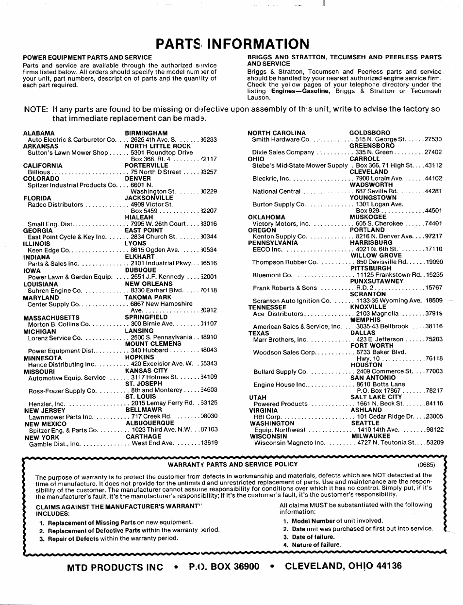 Parts information | MTD 216-310-000 User Manual | Page 21 / 21