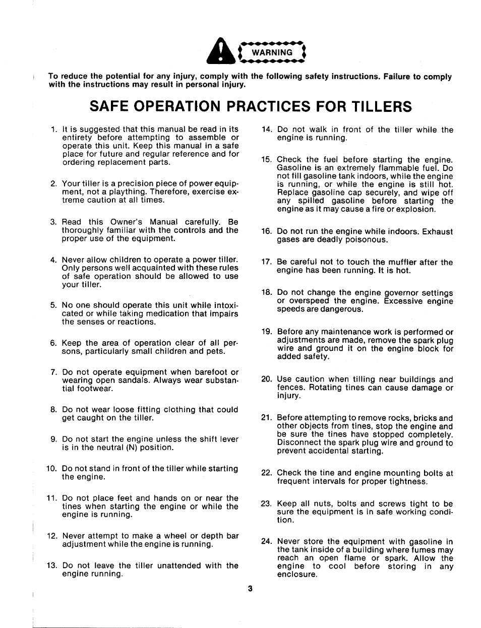 Safe operation practices for tillers | MTD 216-310-000 User Manual | Page 3 / 21