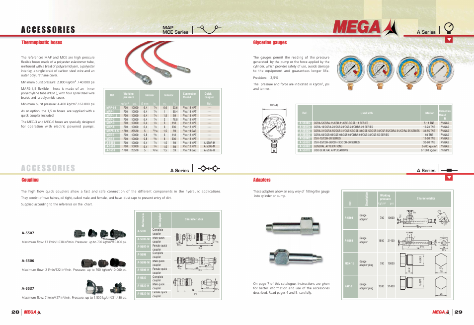 Thermoplastic hoses glycerine gauges, Coupling adapters, Map mce series a series a series a series | Mega System Tech A-5507-H User Manual | Page 16 / 22