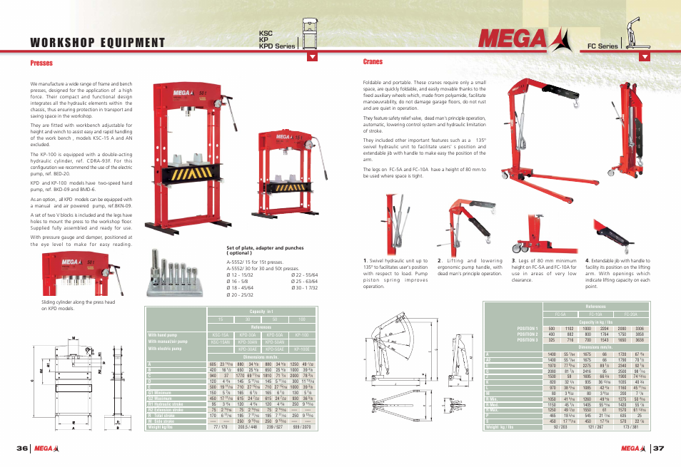 Cranes, Presses, Fc series | Ksc kp kpd series | Mega System Tech A-5507-H User Manual | Page 20 / 22
