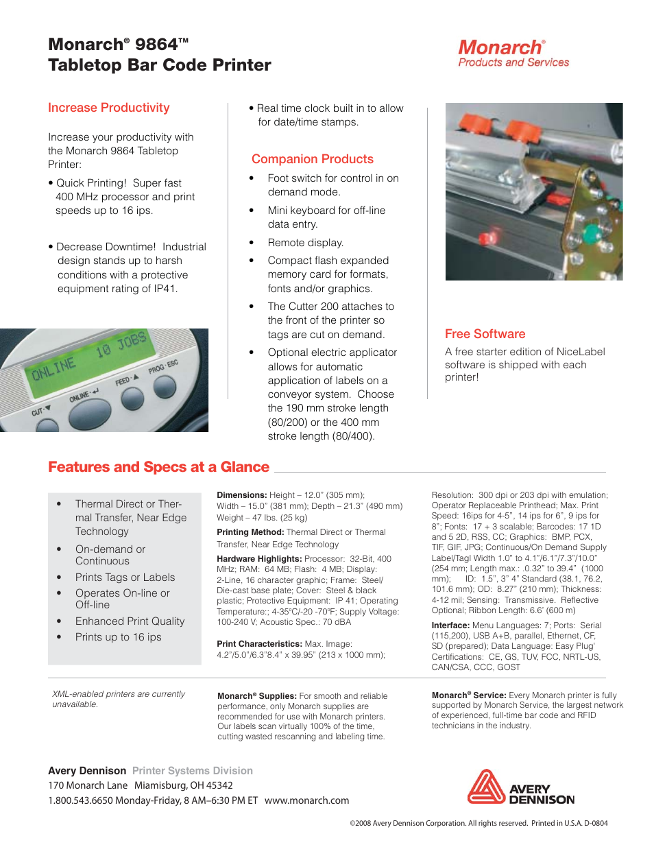 Monarch, Tabletop bar code printer, Features and specs at a glance | Increase productivity, Companion products, Free software | Monarch Instrument 9864 User Manual | Page 2 / 2