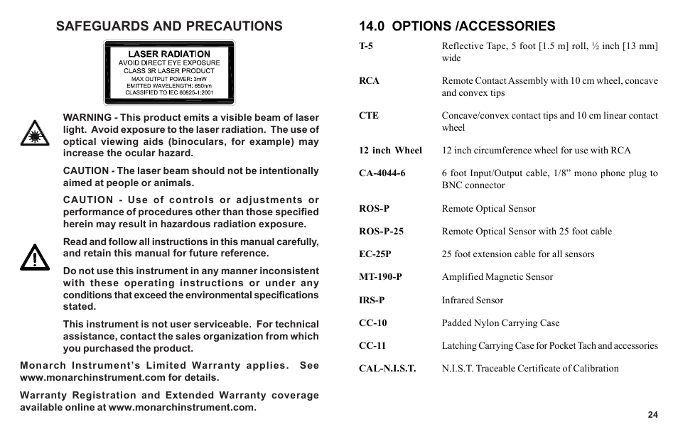 Safeguards and precautions, 0 options /accessories | Monarch Instrument PLT200 User Manual | Page 2 / 14