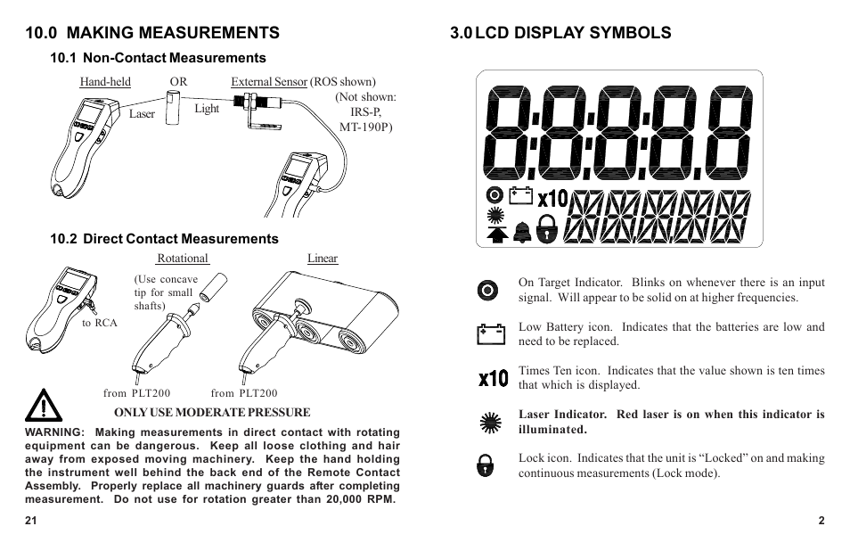 0 lcd display symbols, 0 making measurements | Monarch Instrument PLT200 User Manual | Page 5 / 14