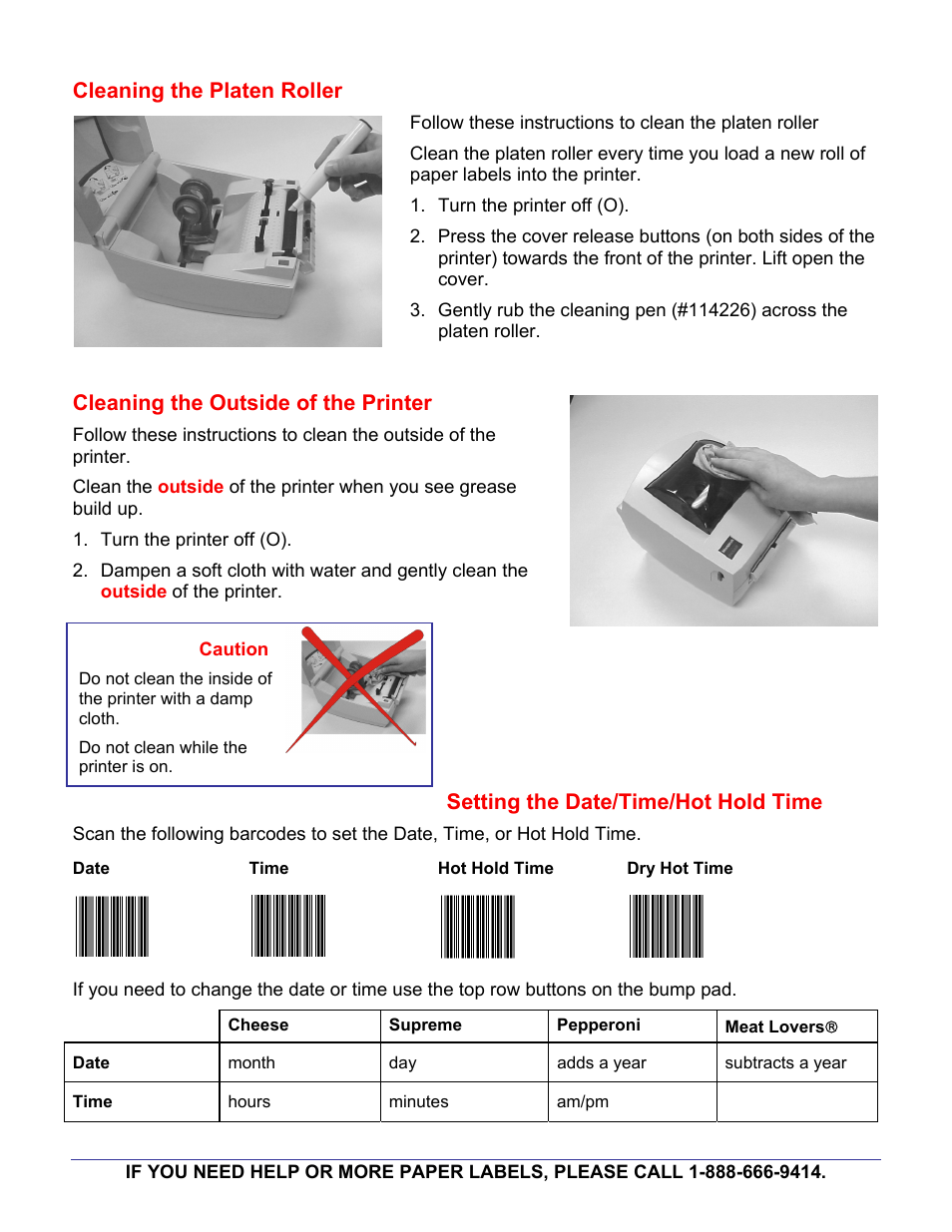 Cleaning the platen roller, Cleaning the outside of the printer, Setting the date/time/hot hold time | Monarch Instrument TC9414MQR User Manual | Page 2 / 2