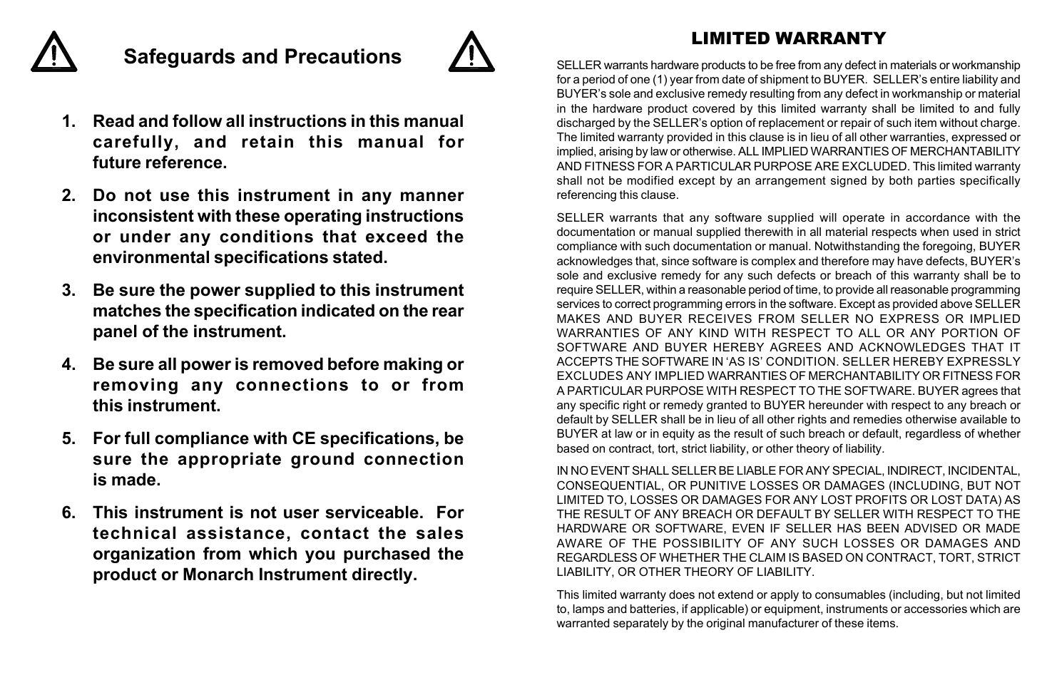 Safeguards and precautions | Monarch Instrument ACT-1B-60 User Manual | Page 2 / 8