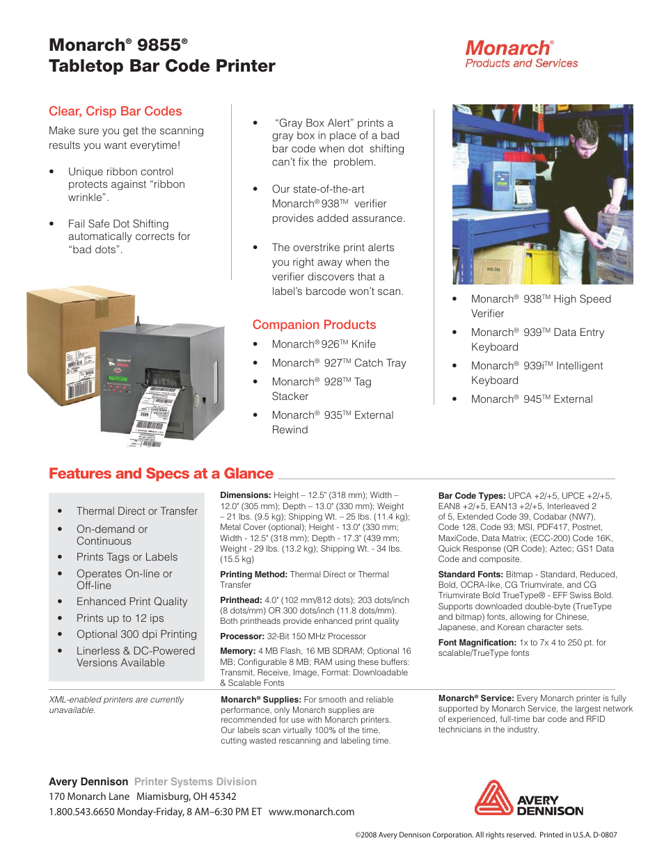 Monarch, Tabletop bar code printer, Features and specs at a glance | Clear, crisp bar codes, Companion products | Monarch Instrument 9855 User Manual | Page 2 / 2