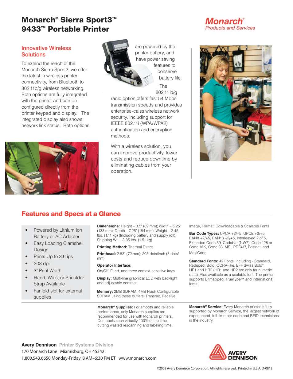 Monarch, Sierra sport3, Portable printer | Features and specs at a glance, Innovative wireless solutions | Monarch Instrument 9433 User Manual | Page 2 / 2