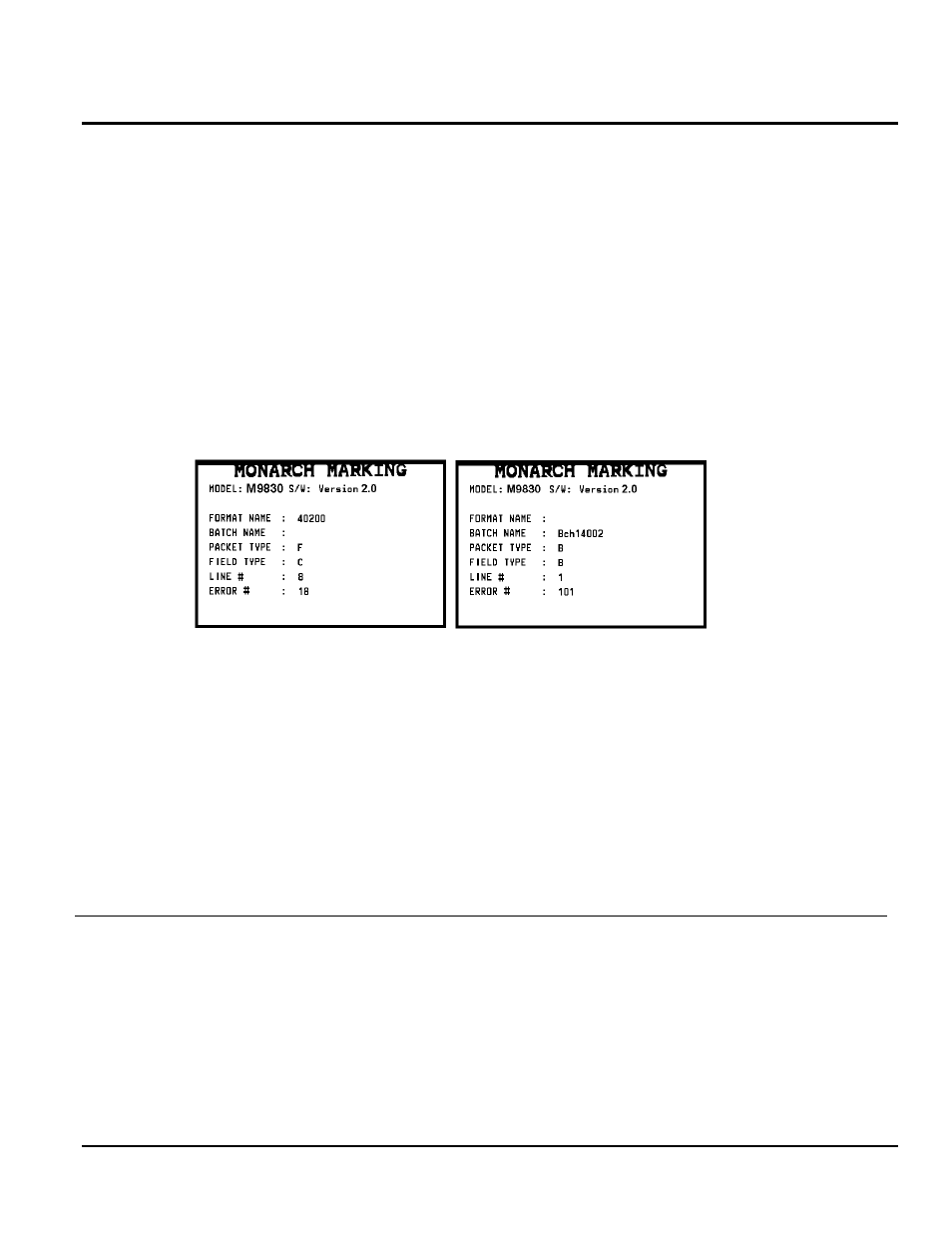 Appendix a printer error/status codes, Reading an error label | Monarch Instrument 9830TM User Manual | Page 50 / 77