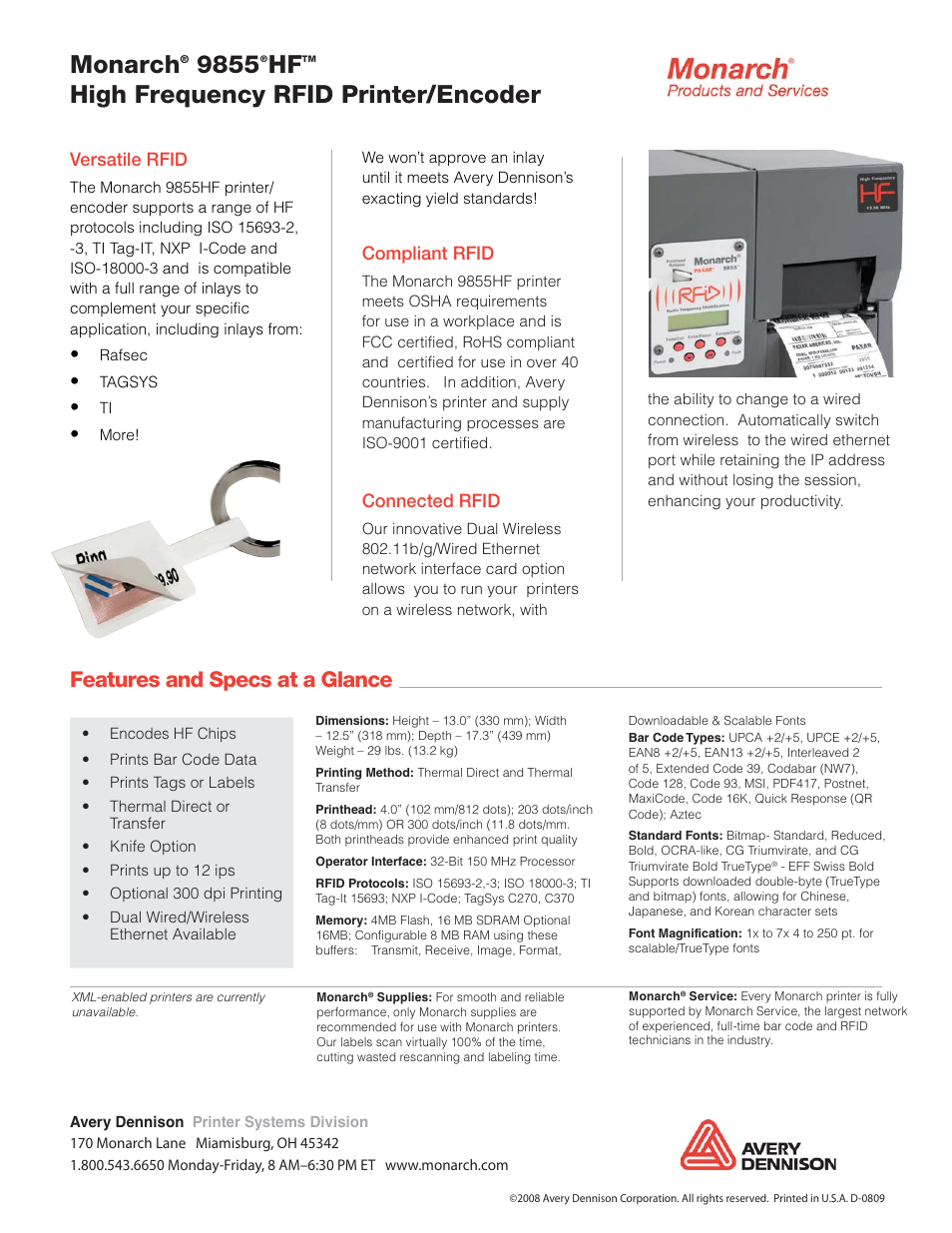 Monarch, High frequency rfid printer/encoder, Features and specs at a glance | Versatile rfid, Compliant rfid, Connected rfid | Monarch Instrument 9855 HF User Manual | Page 2 / 2