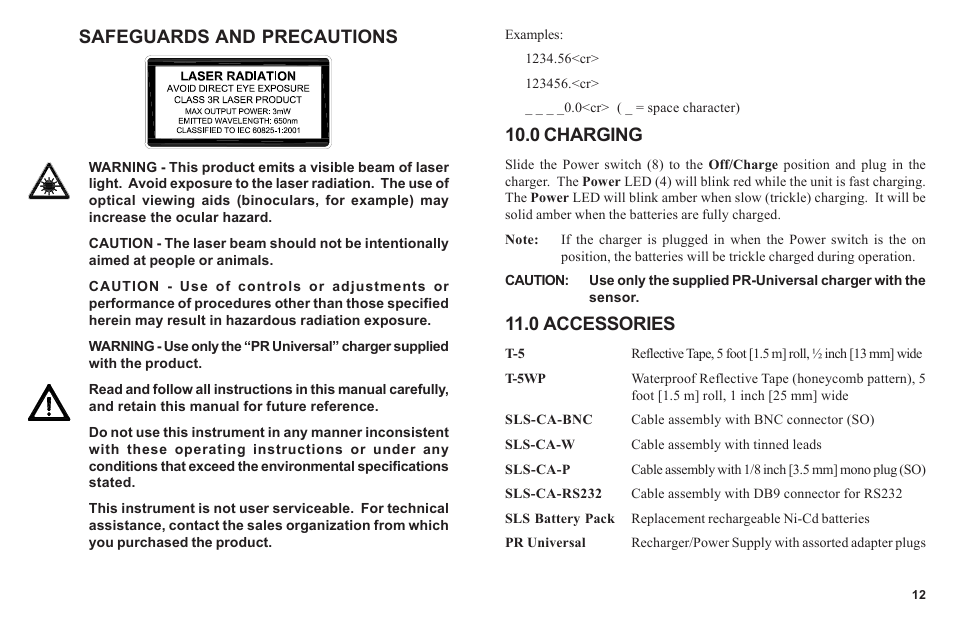 Safeguards and precautions, 0 charging, 0 accessories | Monarch Instrument SLS-115/230 User Manual | Page 2 / 8