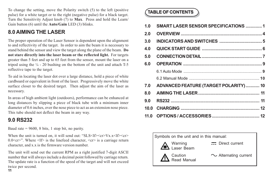 0 aiming the laser, 0 rs232 | Monarch Instrument SLS-115/230 User Manual | Page 3 / 8