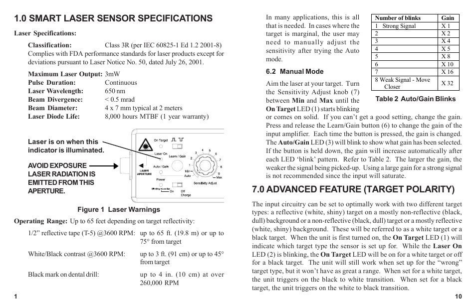 0 smart laser sensor specifications, 0 advanced feature (target polarity) | Monarch Instrument SLS-115/230 User Manual | Page 4 / 8