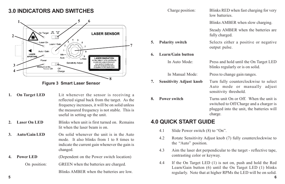 0 indicators and switches, 0 quick start guide | Monarch Instrument SLS-115/230 User Manual | Page 8 / 8