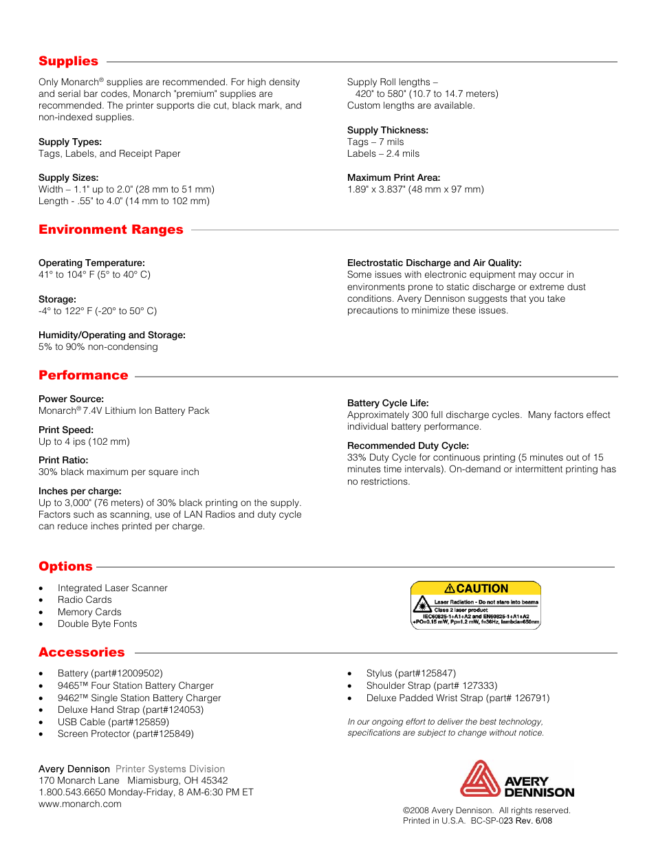 Supplies, Environment ranges, Performance | Options, Accessories | Monarch Instrument 6039 User Manual | Page 2 / 2
