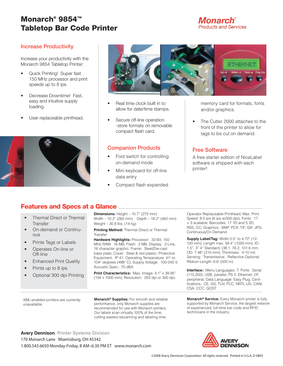 Monarch, Tabletop bar code printer, Features and specs at a glance | Increase productivity, Companion products, Free software | Monarch Instrument 9854 User Manual | Page 2 / 2