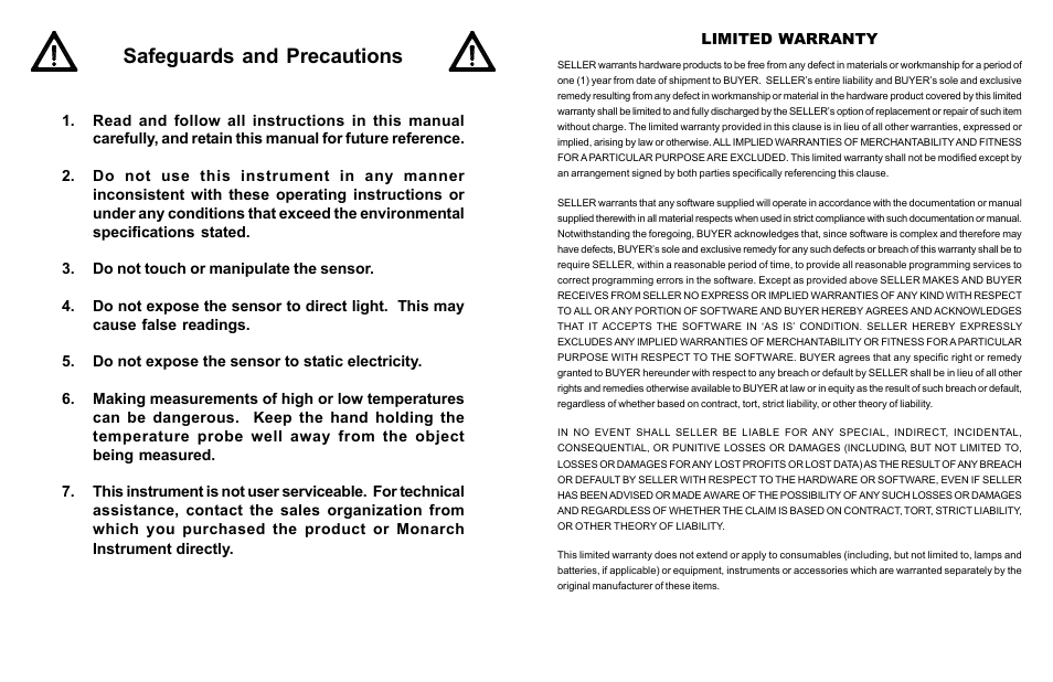 Safeguards and precautions | Monarch Instrument MINI HUMIDITY TEMPERATURE METER 315 User Manual | Page 2 / 6