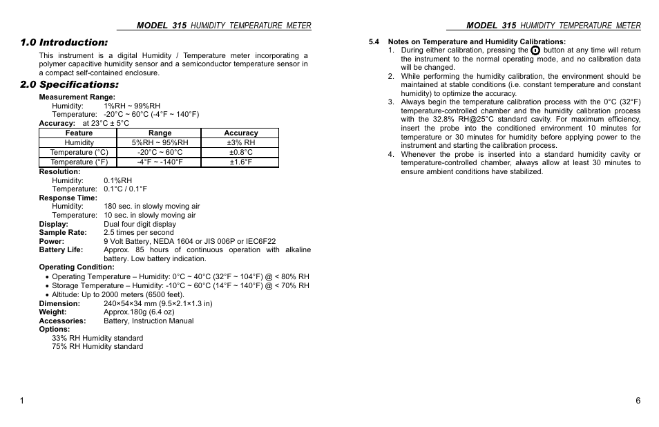 0 introduction, 0 specifications | Monarch Instrument MINI HUMIDITY TEMPERATURE METER 315 User Manual | Page 4 / 6