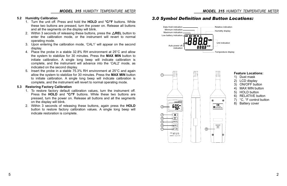 0 symbol definition and button locations, Model 315 humidity temperature meter | Monarch Instrument MINI HUMIDITY TEMPERATURE METER 315 User Manual | Page 5 / 6