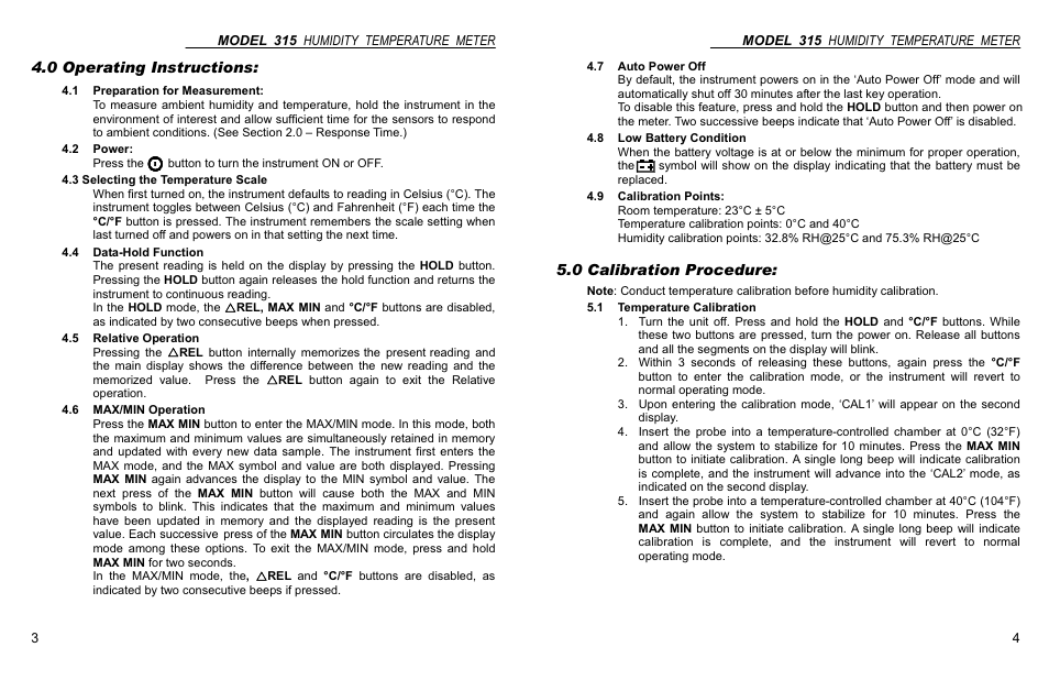 0 operating instructions, 0 calibration procedure | Monarch Instrument MINI HUMIDITY TEMPERATURE METER 315 User Manual | Page 6 / 6