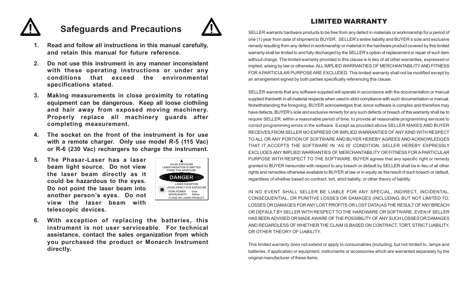 Safeguards and precautions, Limited warranty | Monarch Instrument Phasar-Tach-R User Manual | Page 2 / 6