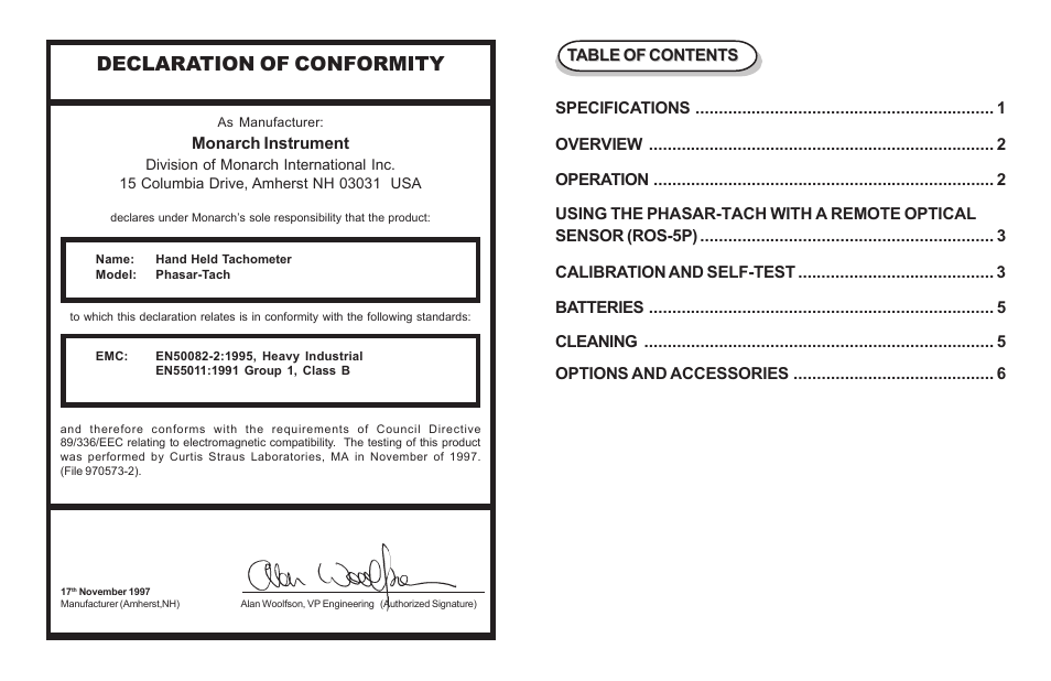 Declaration of conformity | Monarch Instrument Phasar-Tach-R User Manual | Page 3 / 6