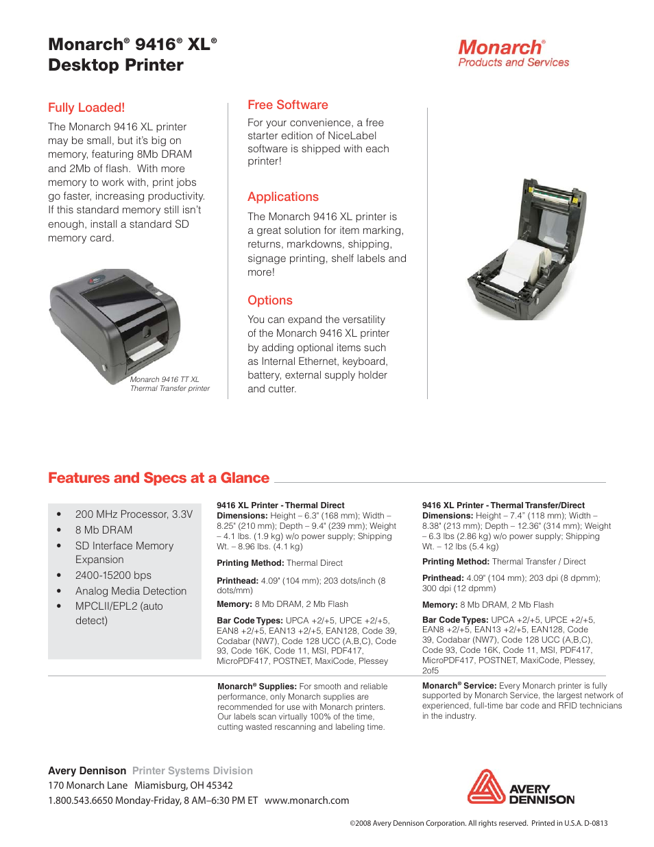 Monarch, Desktop printer, Features and specs at a glance | Fully loaded, Free software, Applications, Options | Monarch Instrument 9416 User Manual | Page 2 / 2