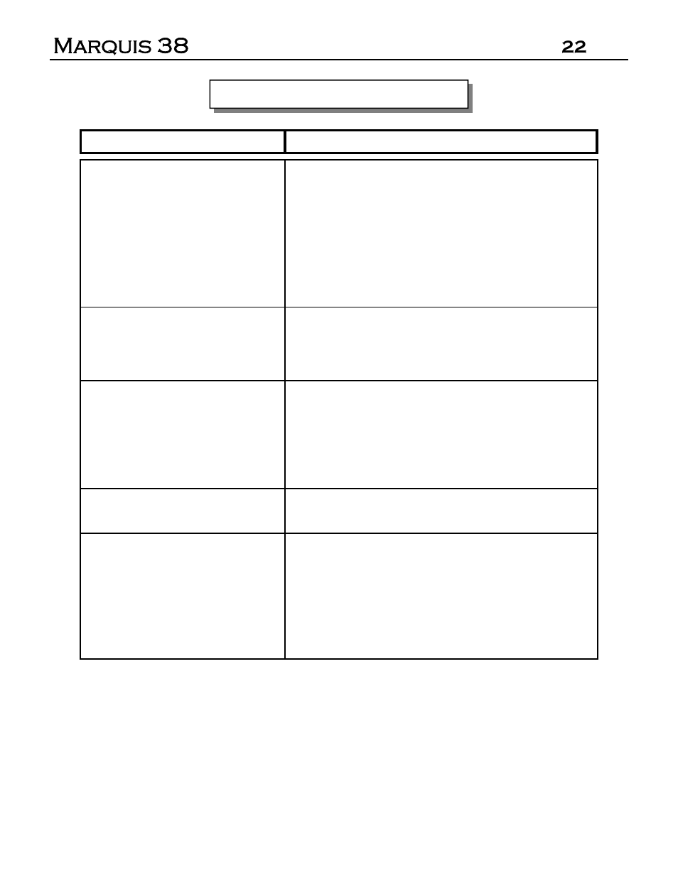 Marquis 38, 22 trouble shooting, Cont... symptom action | Marquis DVR-38 User Manual | Page 22 / 31