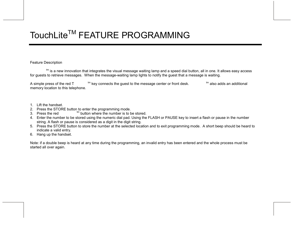 Touchlite, Feature programming | Marquis MW10 User Manual | Page 14 / 23