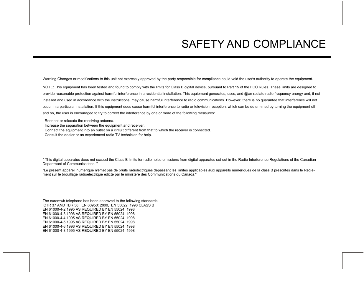 Safety and compliance, Fcc part 15 compliance, Canadian emissions compliance | Europe compliance | Marquis MW10 User Manual | Page 3 / 23