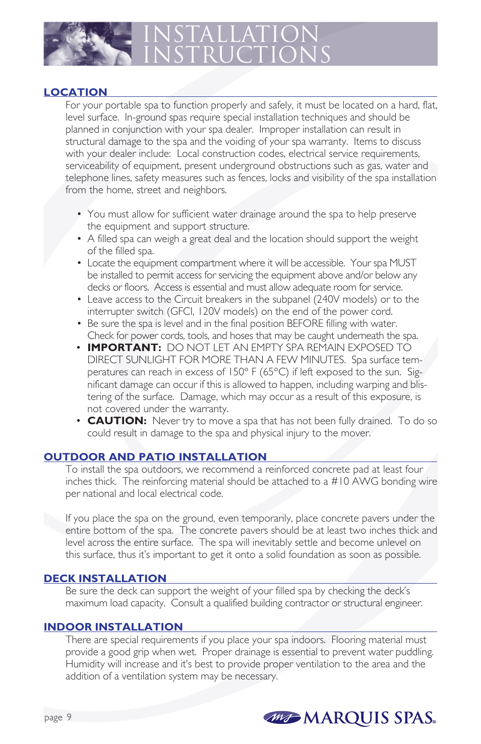 Installation instructions | Marquis Spas User Manual | Page 10 / 26
