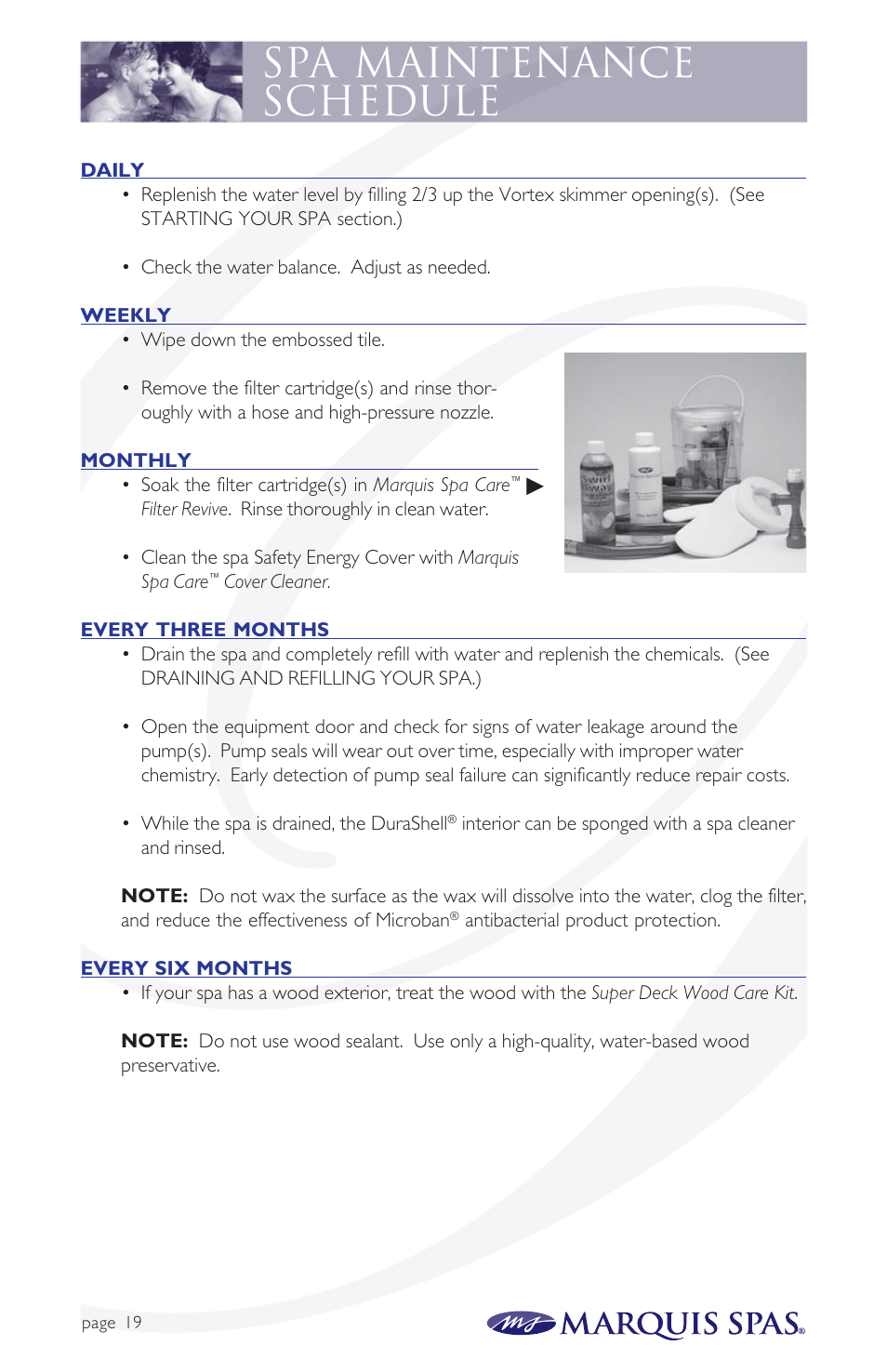 Spa maintenance schedule | Marquis Spas User Manual | Page 20 / 26