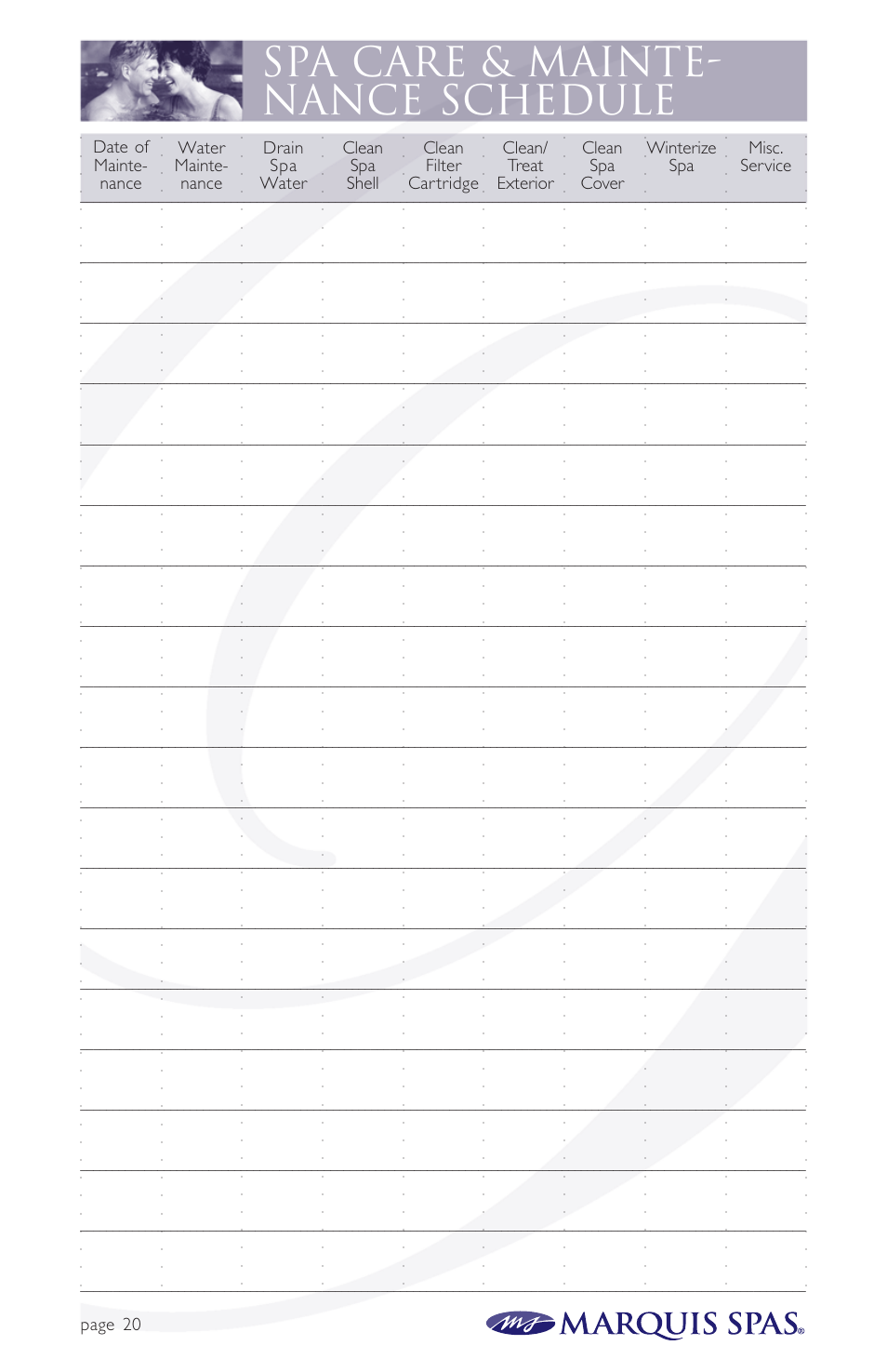 Spa care & mainte- nance schedule, Page 20 | Marquis Spas User Manual | Page 21 / 26
