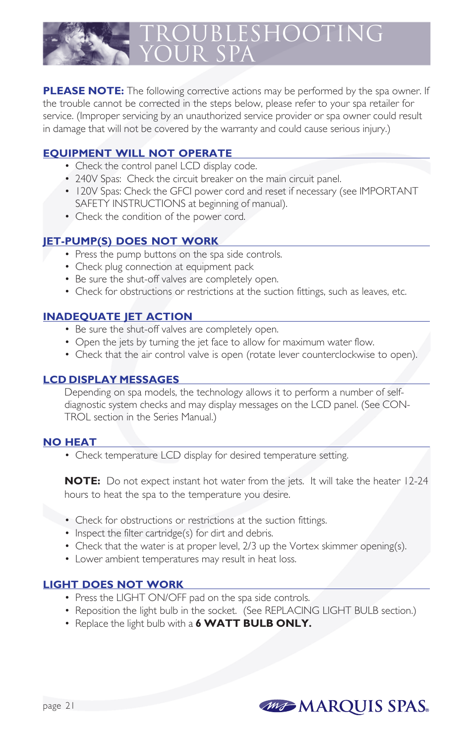 Troubleshooting your spa | Marquis Spas User Manual | Page 22 / 26