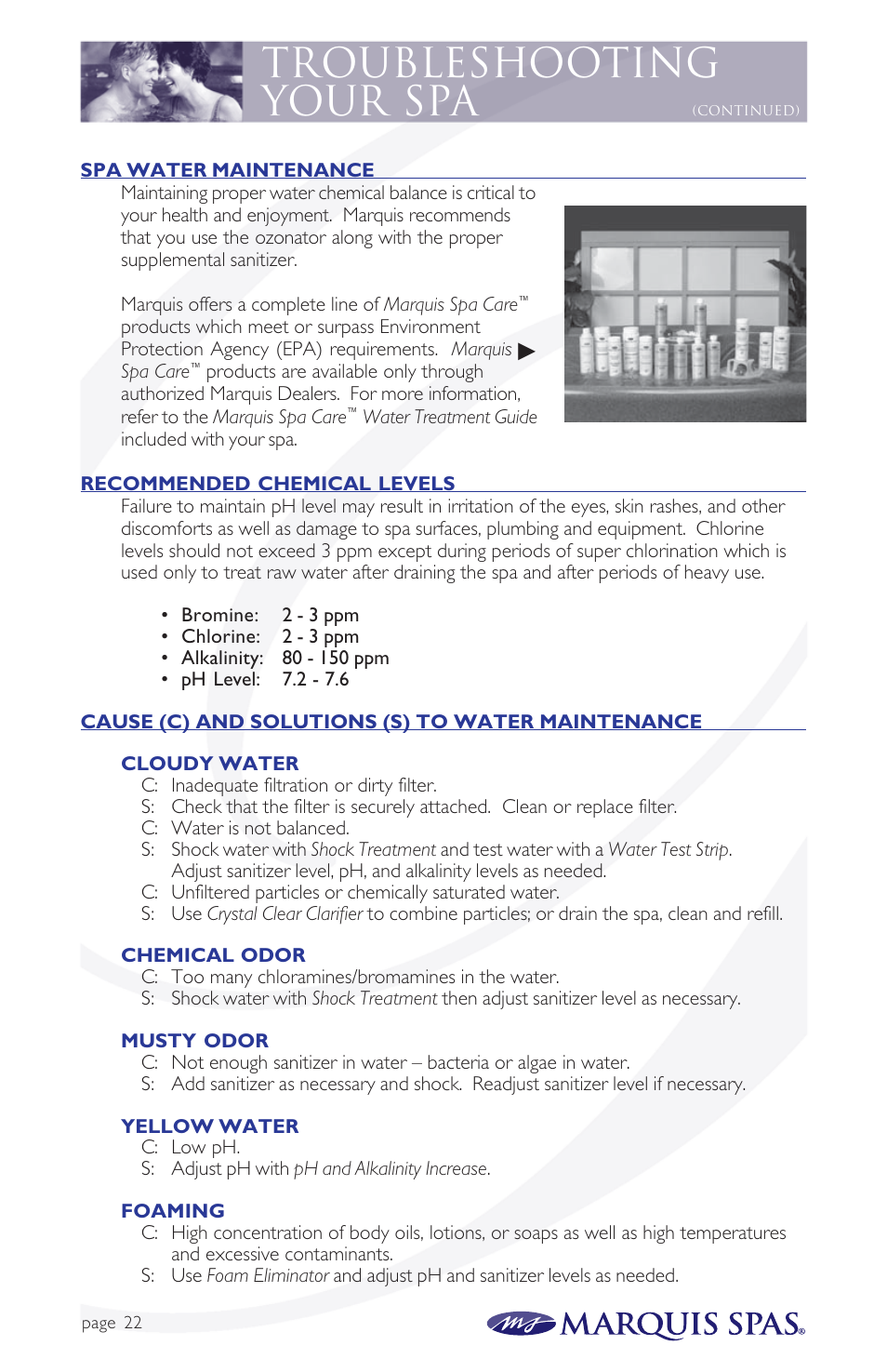 Troubleshooting your spa | Marquis Spas User Manual | Page 23 / 26
