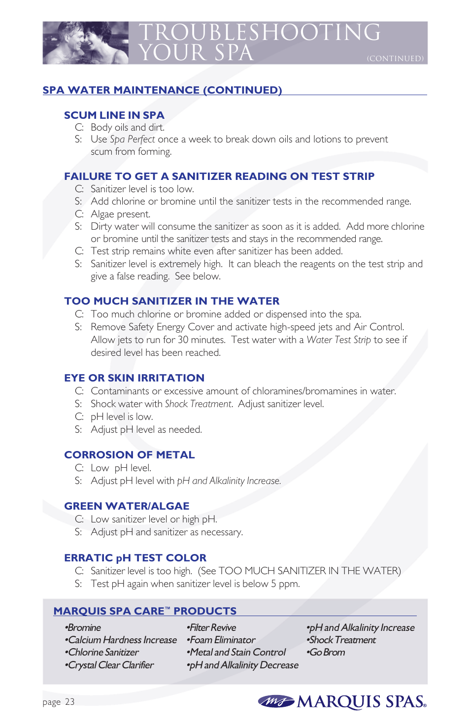 Troubleshooting your spa | Marquis Spas User Manual | Page 24 / 26