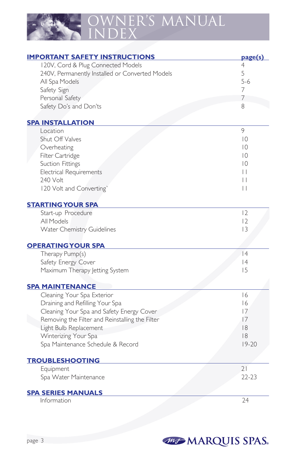 Owner’s manual index | Marquis Spas User Manual | Page 4 / 26