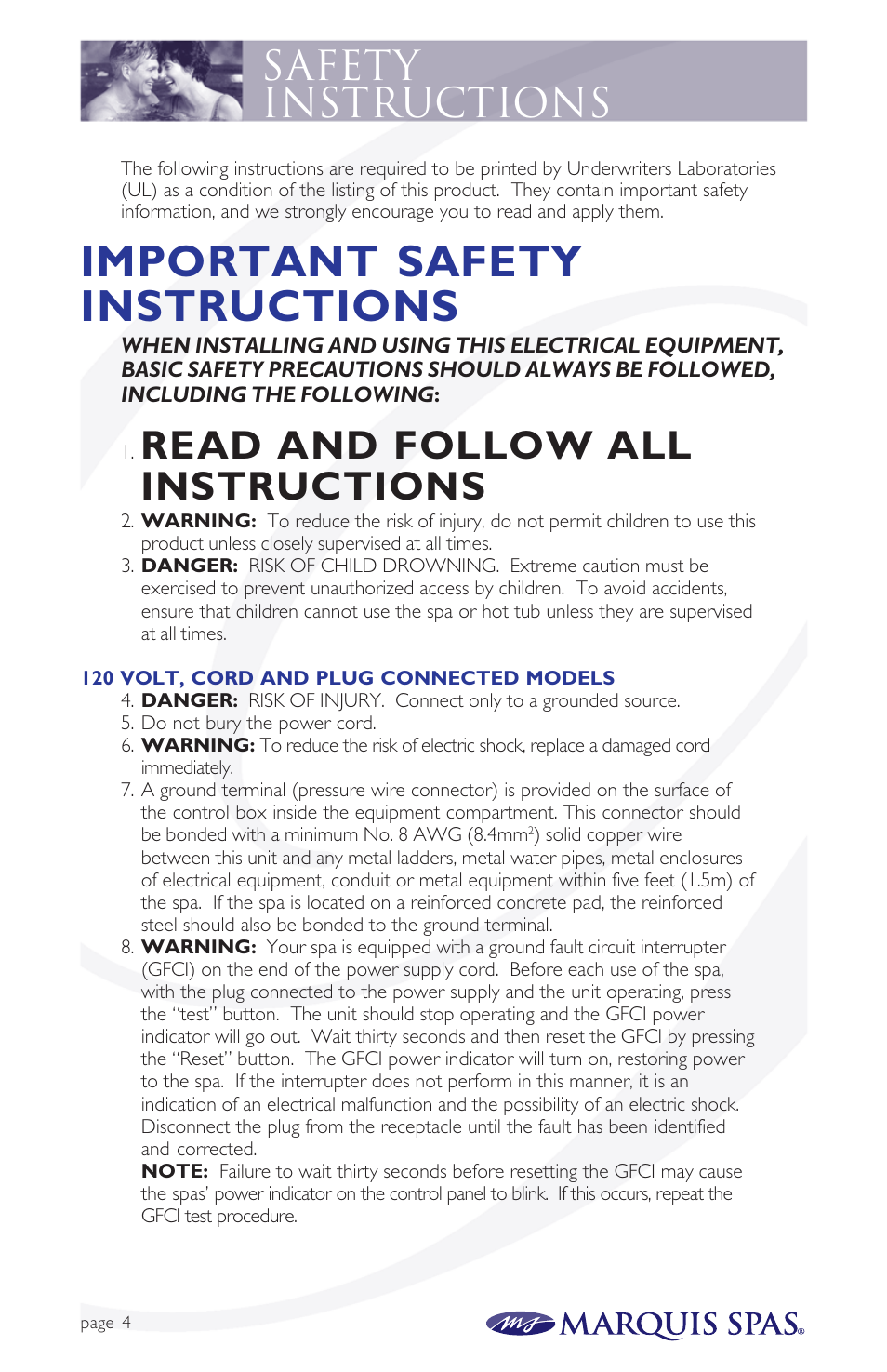 Important safety instructions, Safety instructions, Read and follow all instructions | Marquis Spas User Manual | Page 5 / 26