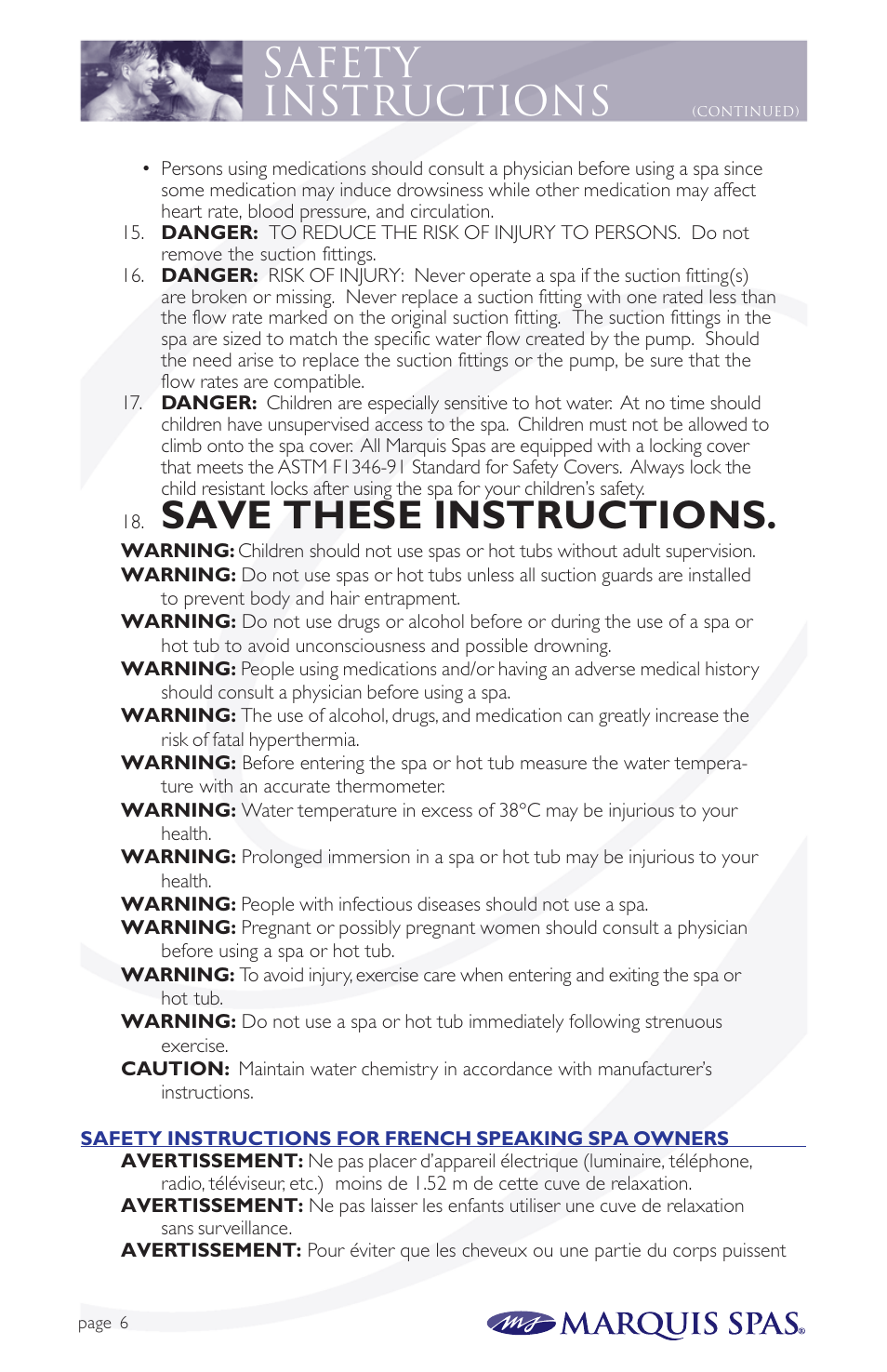 Save these instructions, Safety instructions | Marquis Spas User Manual | Page 7 / 26