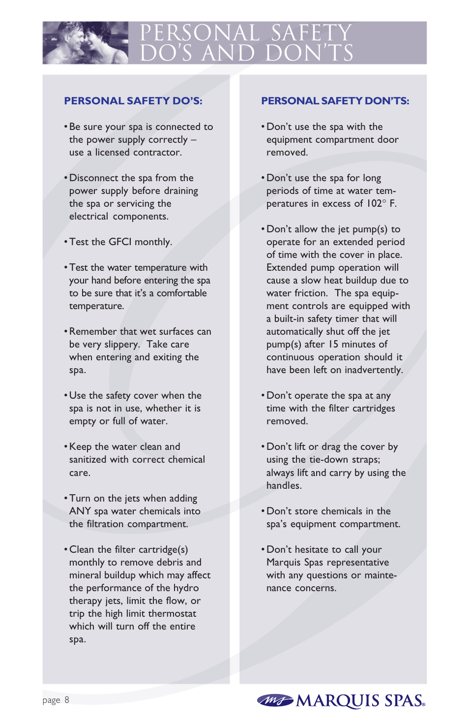 Personal safety do’s and don’ts | Marquis Spas User Manual | Page 9 / 26