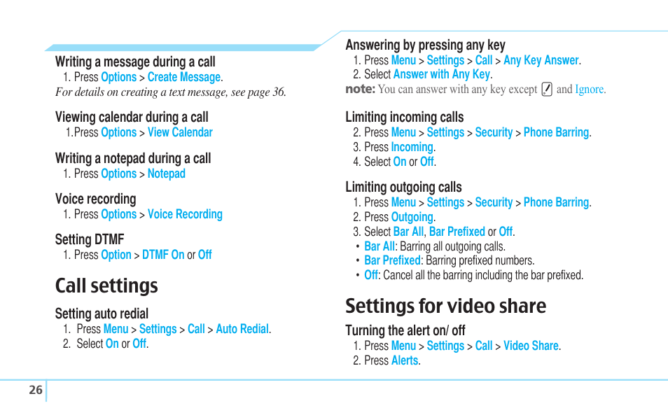 Call settings, Settings for video share | Matrix Hairstyles Cell Phone User Manual | Page 26 / 84